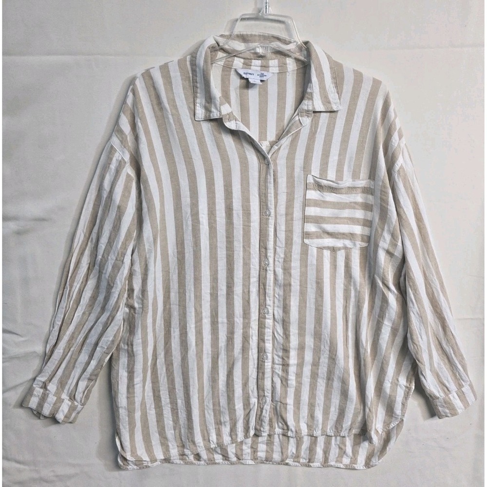 Old Navy Women's Linen Blend Button Up Shirt XL Striped Boyfriend Fit